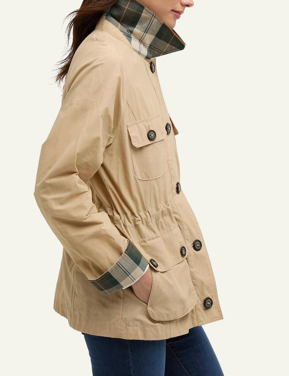 barbour four pocket jacket beige cord collar drawcord waist side view
