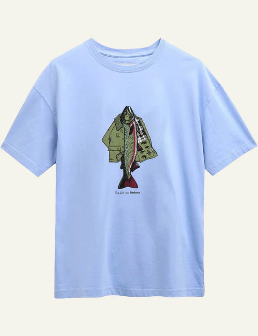 barbour graphic t shirt light blue with fish print front flat view