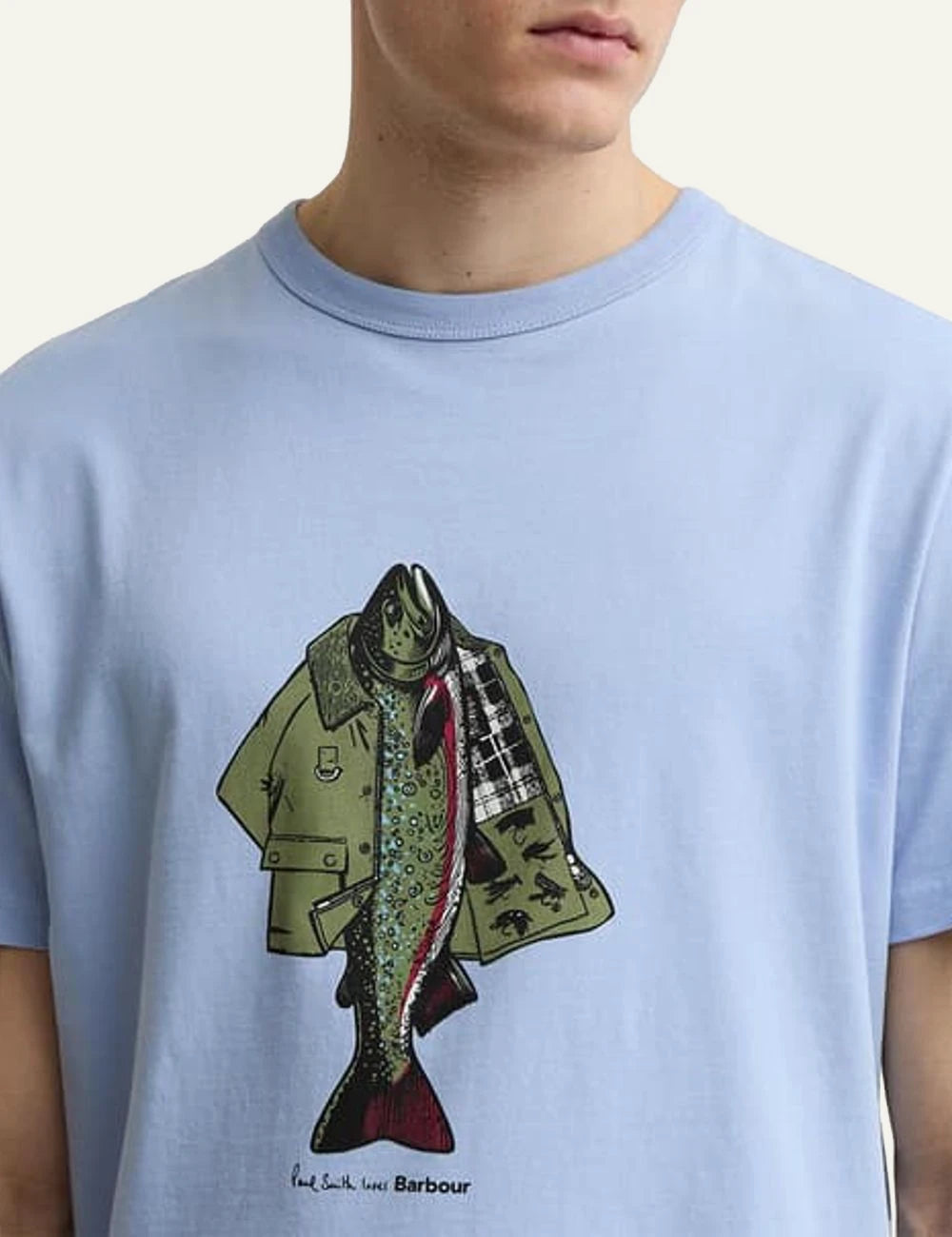 barbour graphic t shirt light blue with fish print front logo view