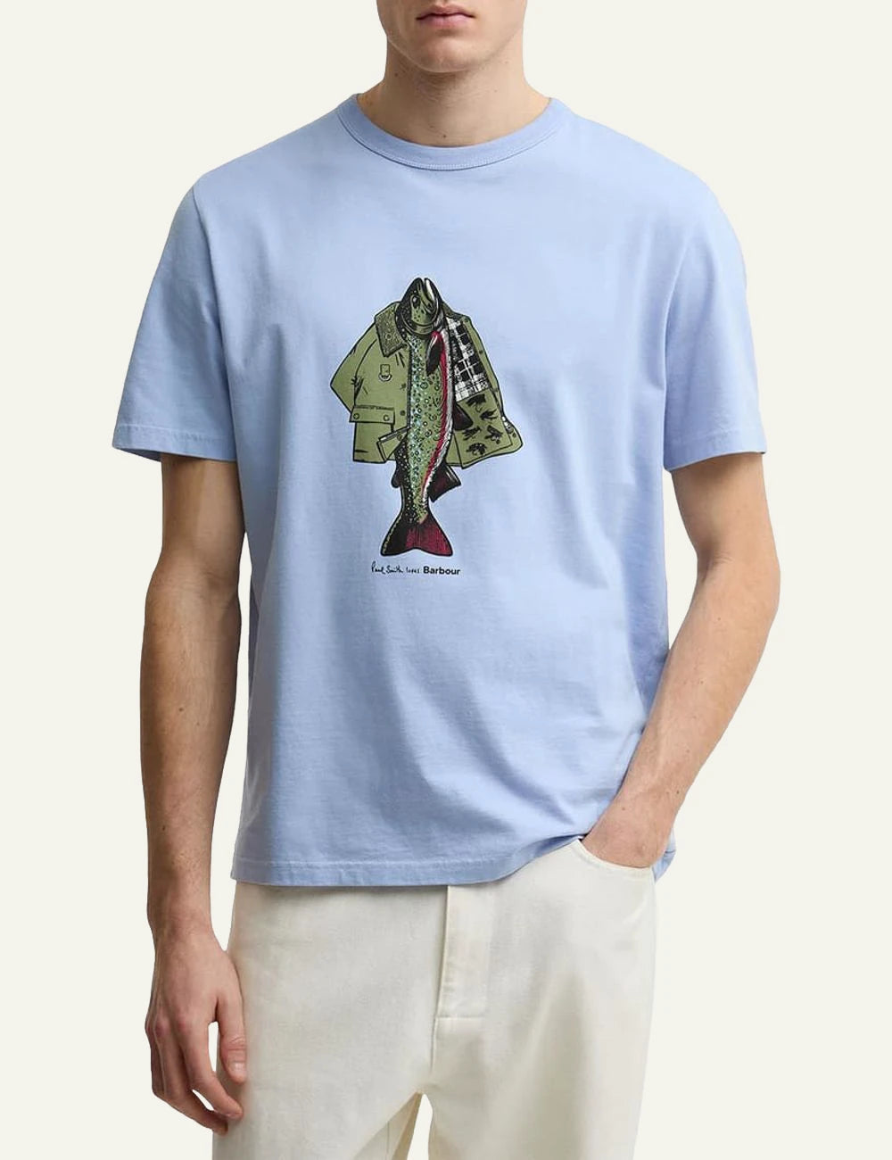 barbour graphic t shirt light blue with fish print front full body view