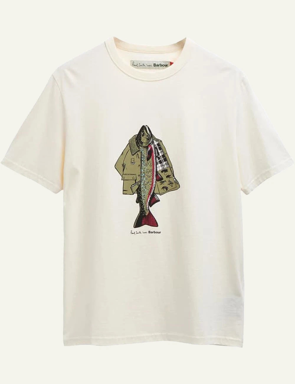 barbour graphic t shirt white with fish print front flat view