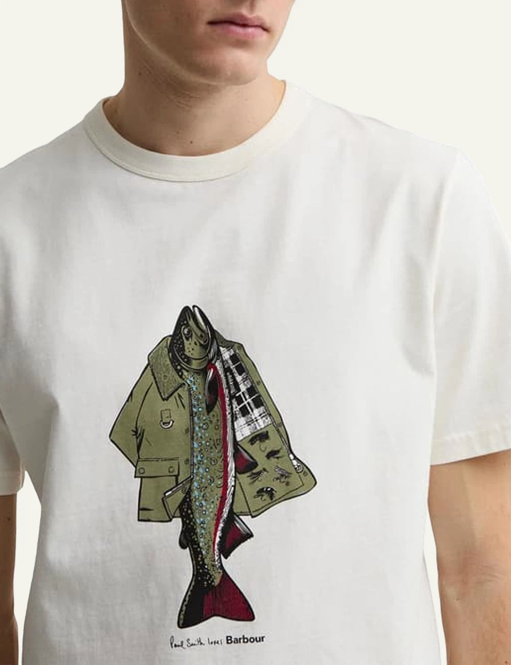 barbour graphic t shirt white with fish print front logo view