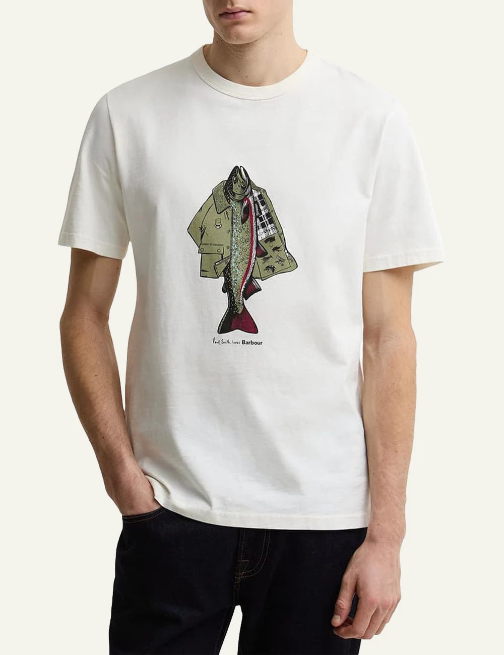 barbour graphic t shirt white with fish print front full body view