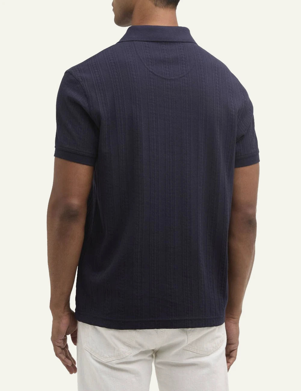 barbour harwell polo shirt navy textured cotton short sleeve back view