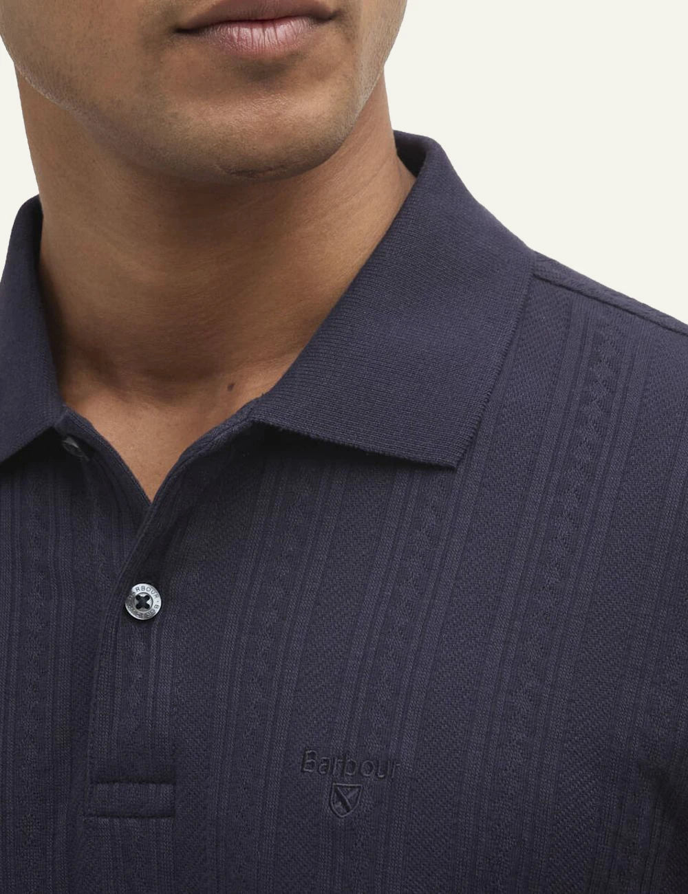 barbour harwell polo shirt navy textured cotton short sleeve front detail view