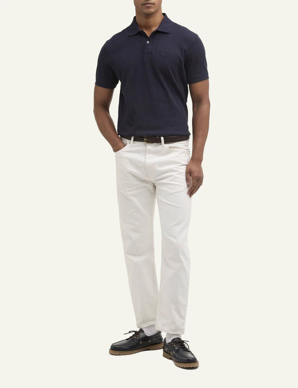 barbour harwell polo shirt navy textured cotton short sleeve front full body view