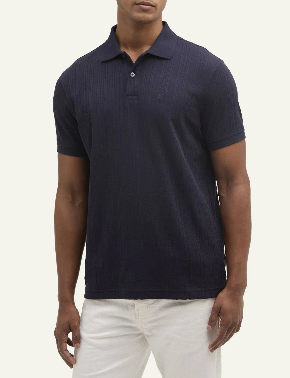 barbour harwell polo shirt navy textured cotton short sleeve front model view