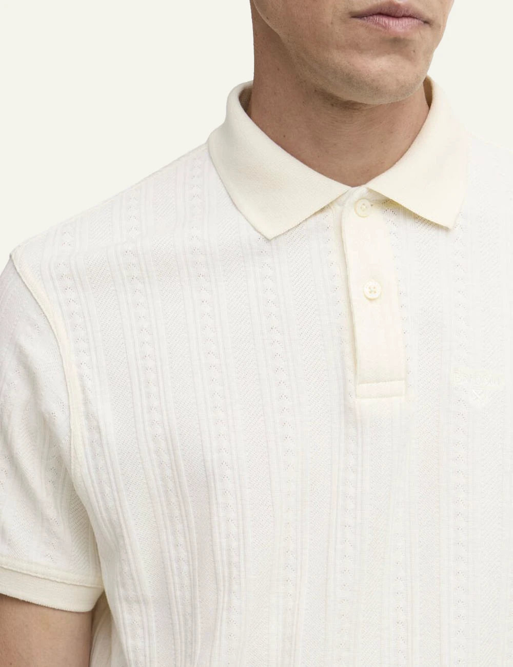 barbour harwell polo shirt white textured cotton short sleeve front detail view