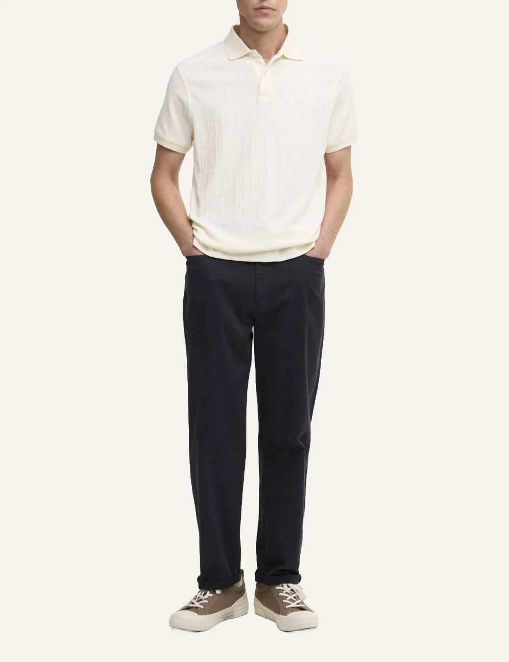 barbour harwell polo shirt white textured cotton short sleeve front full body view