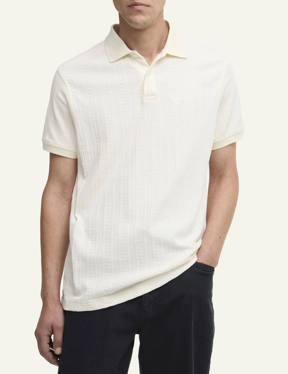 barbour harwell polo shirt white textured cotton short sleeve front model view