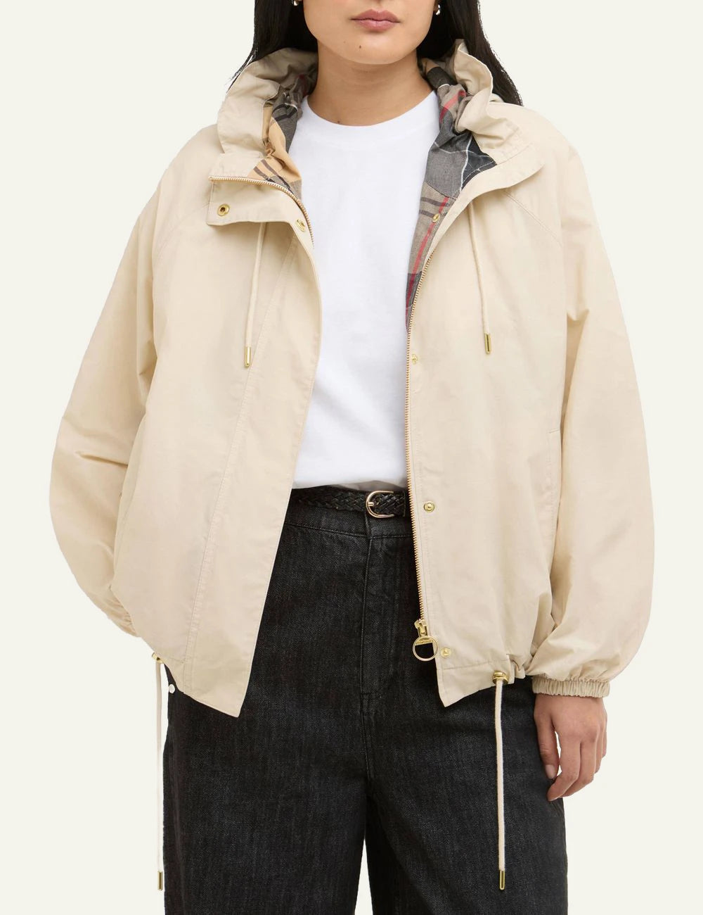 barbour hawkridge jacket beige hooded showerproof drawcord waist front detail view