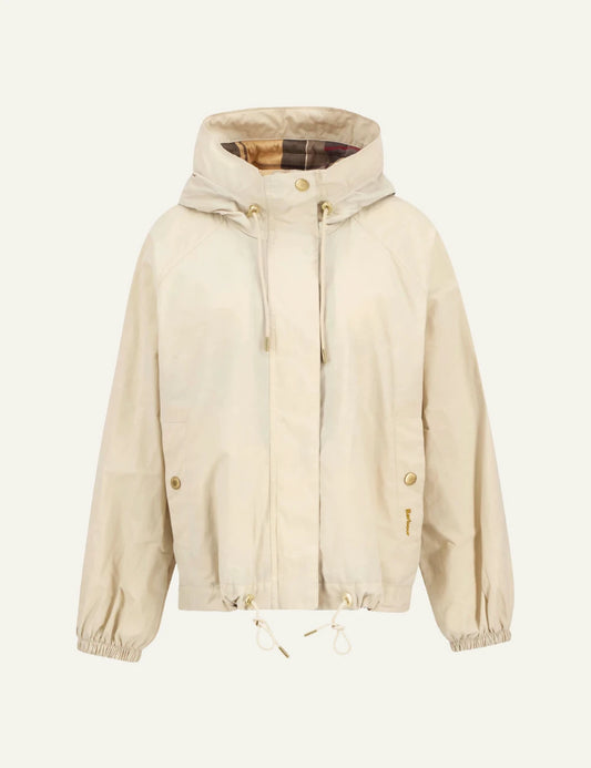 barbour hawkridge jacket beige hooded showerproof drawcord waist front view