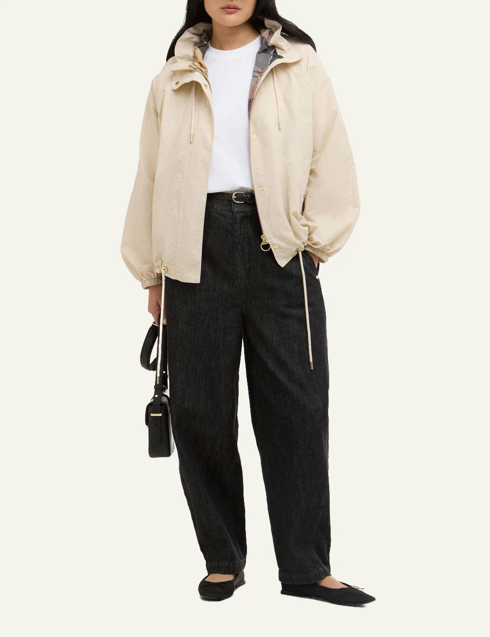 barbour hawkridge jacket beige hooded showerproof drawcord waist front full body view