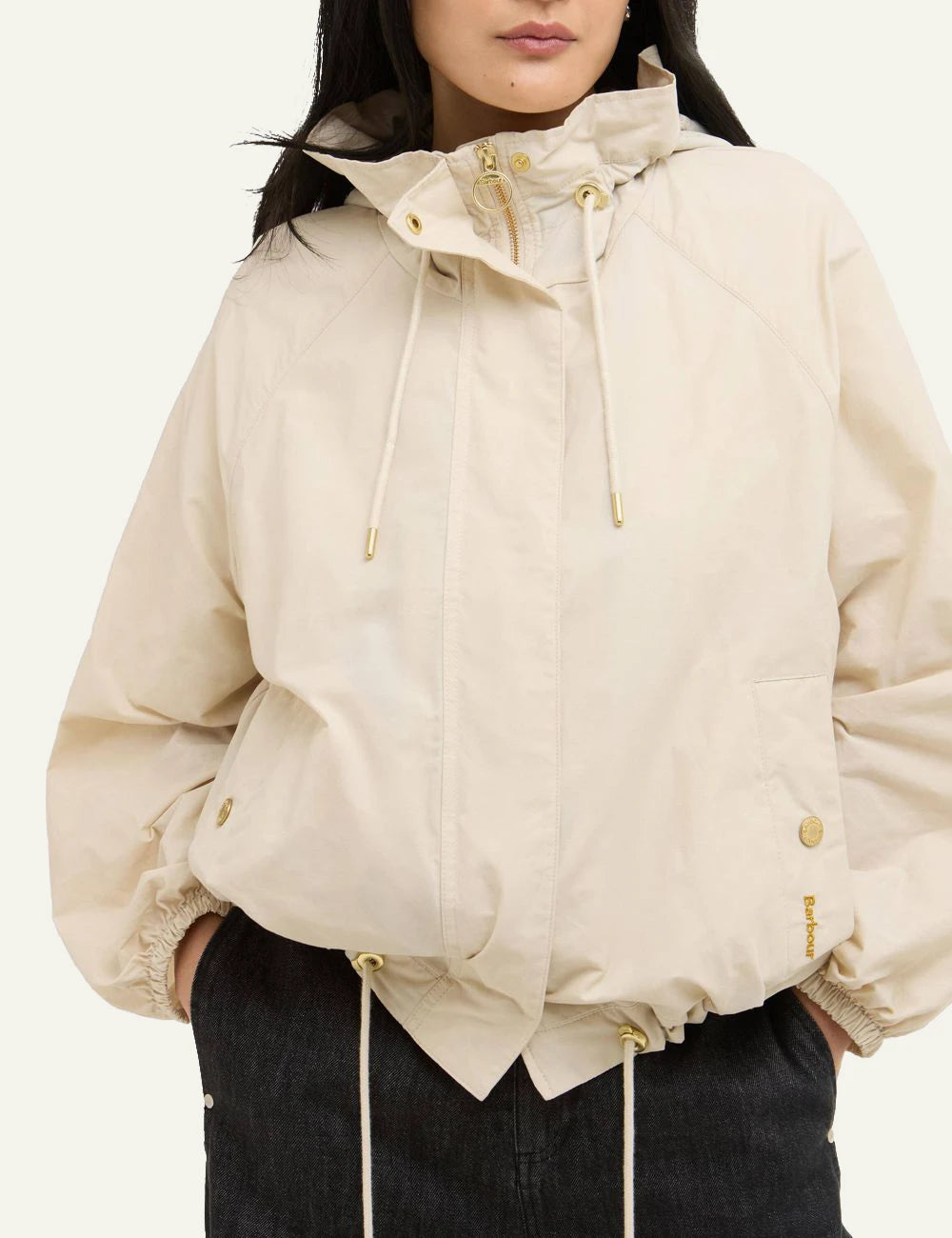 barbour hawkridge jacket beige hooded showerproof drawcord waist front model view