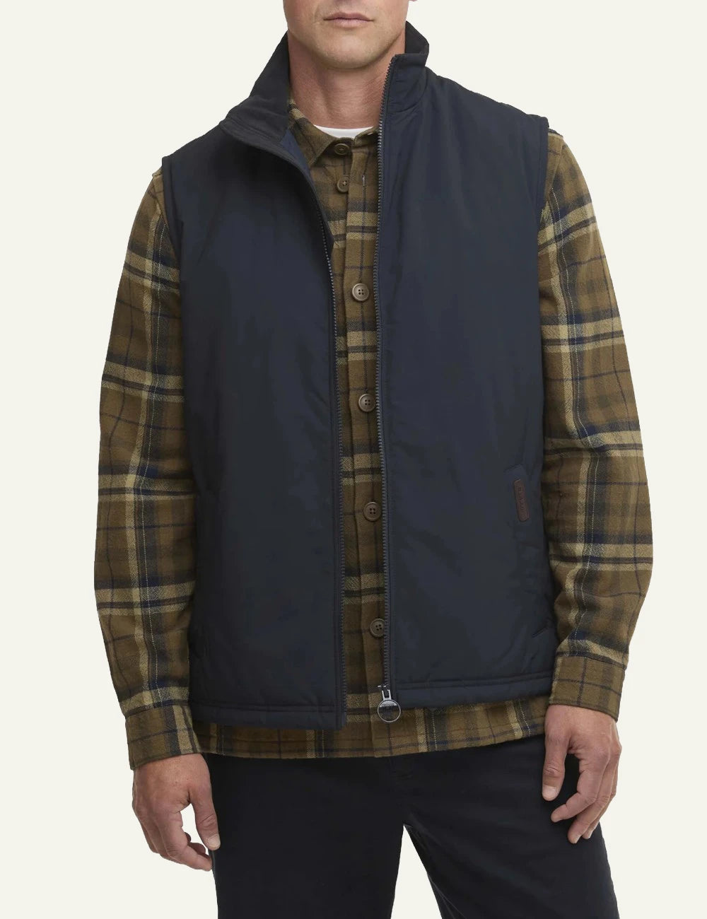 barbour lightweight zip vest navy front model view