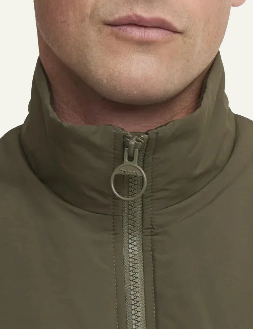barbour lightweight zip vest olive front detail view