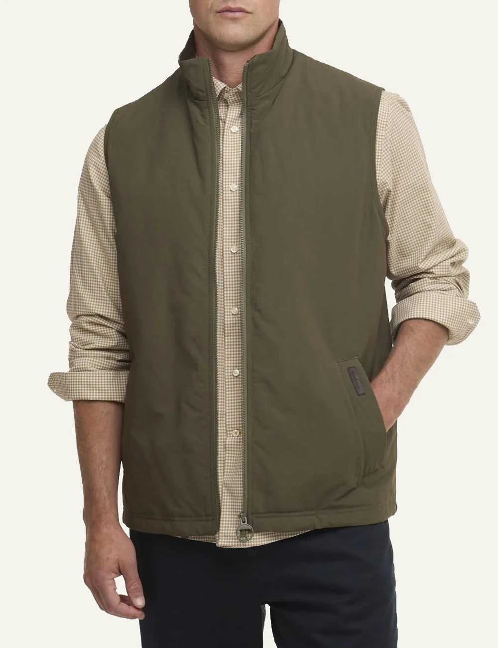 barbour lightweight zip vest olive front model view