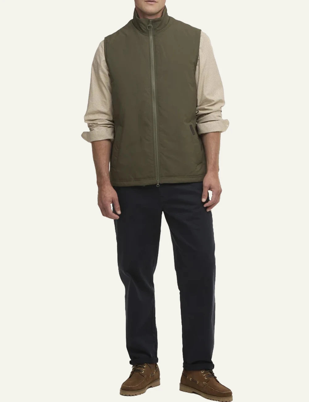 barbour lightweight zip vest olive front full body view