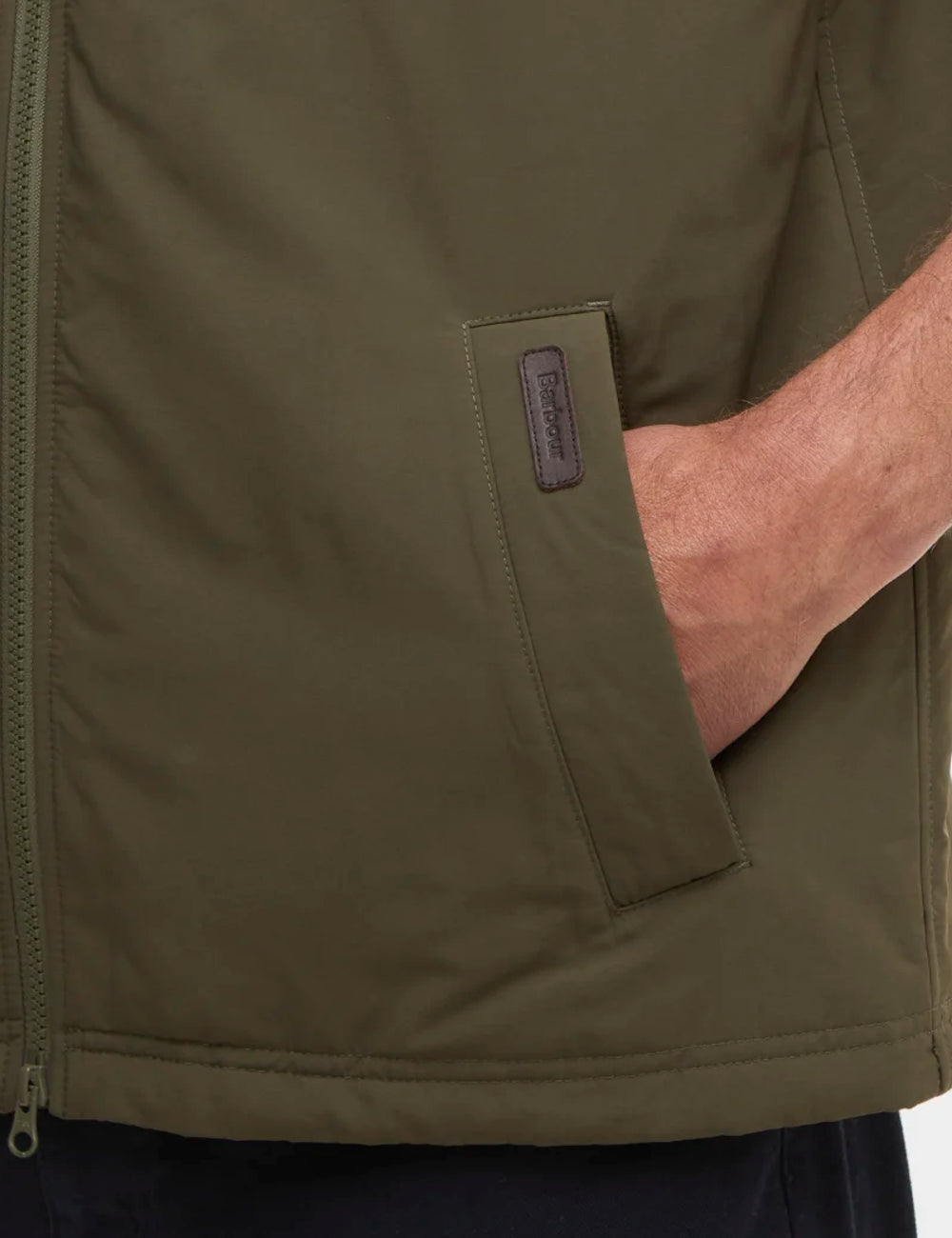 barbour lightweight zip vest olive front pocket view