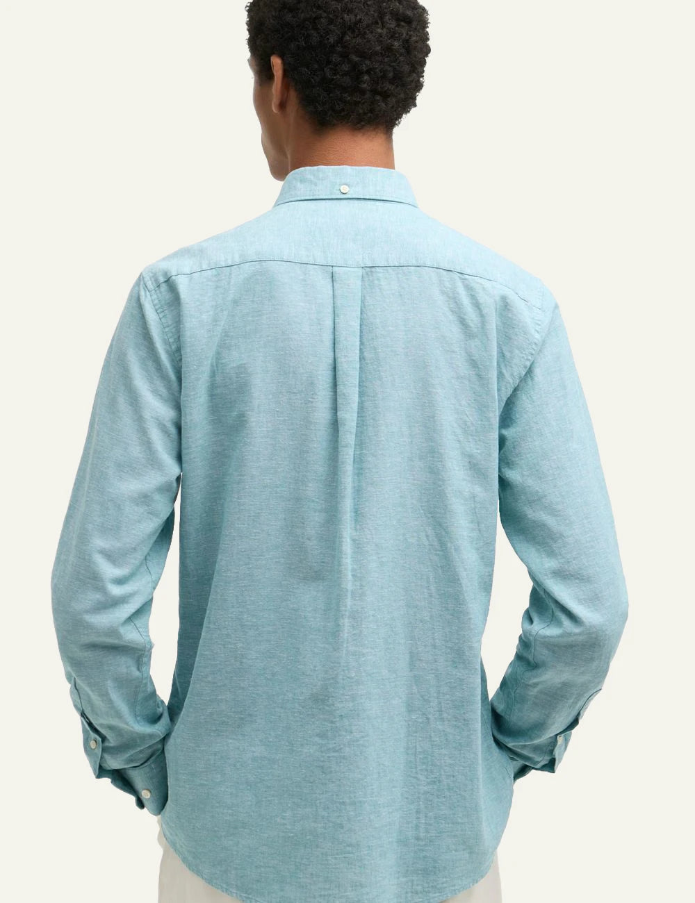 barbour linen button down shirt light blue back view