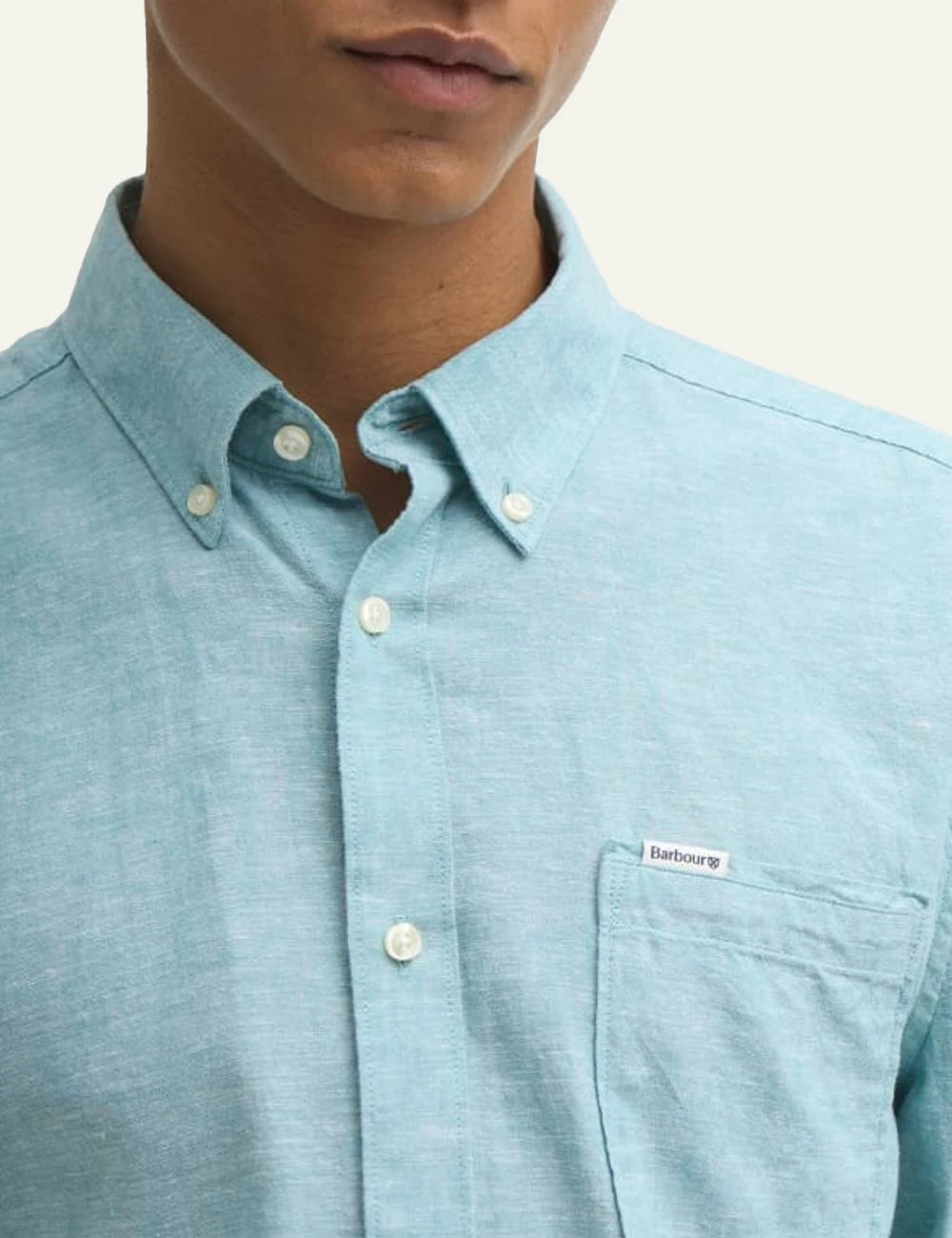 barbour linen button down shirt light blue front logo view
