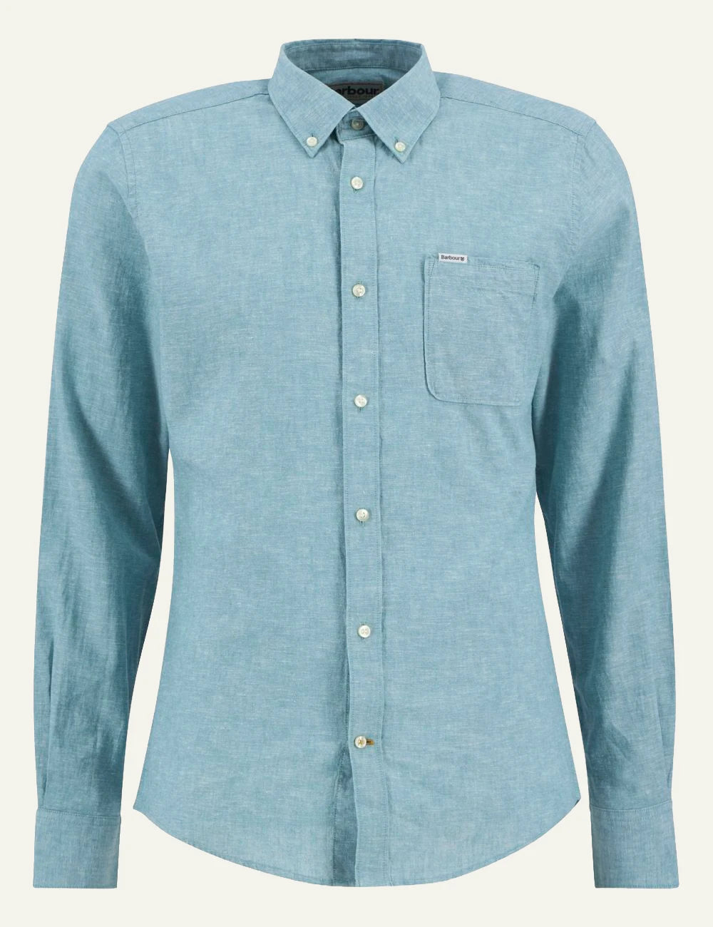 barbour linen button down shirt light blue front flat view