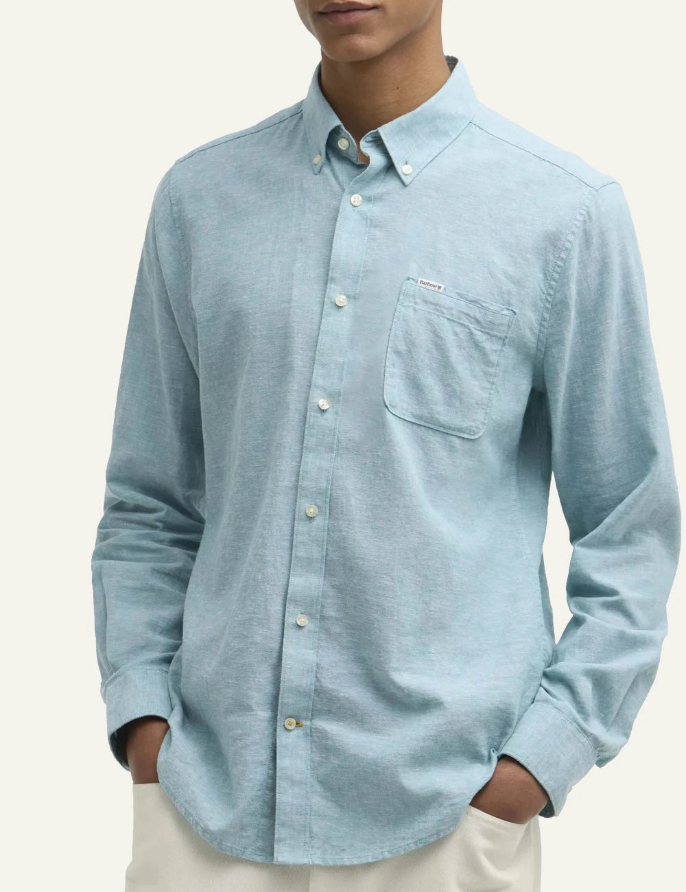 barbour linen button down shirt light blue front model view