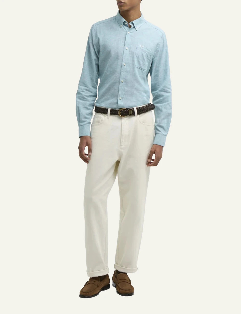 barbour linen button down shirt light blue front full body view