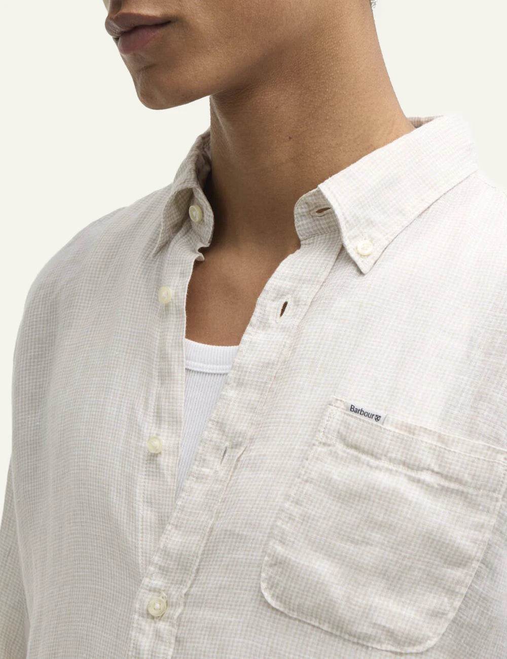 barbour linen shirt beige long sleeve model close model view