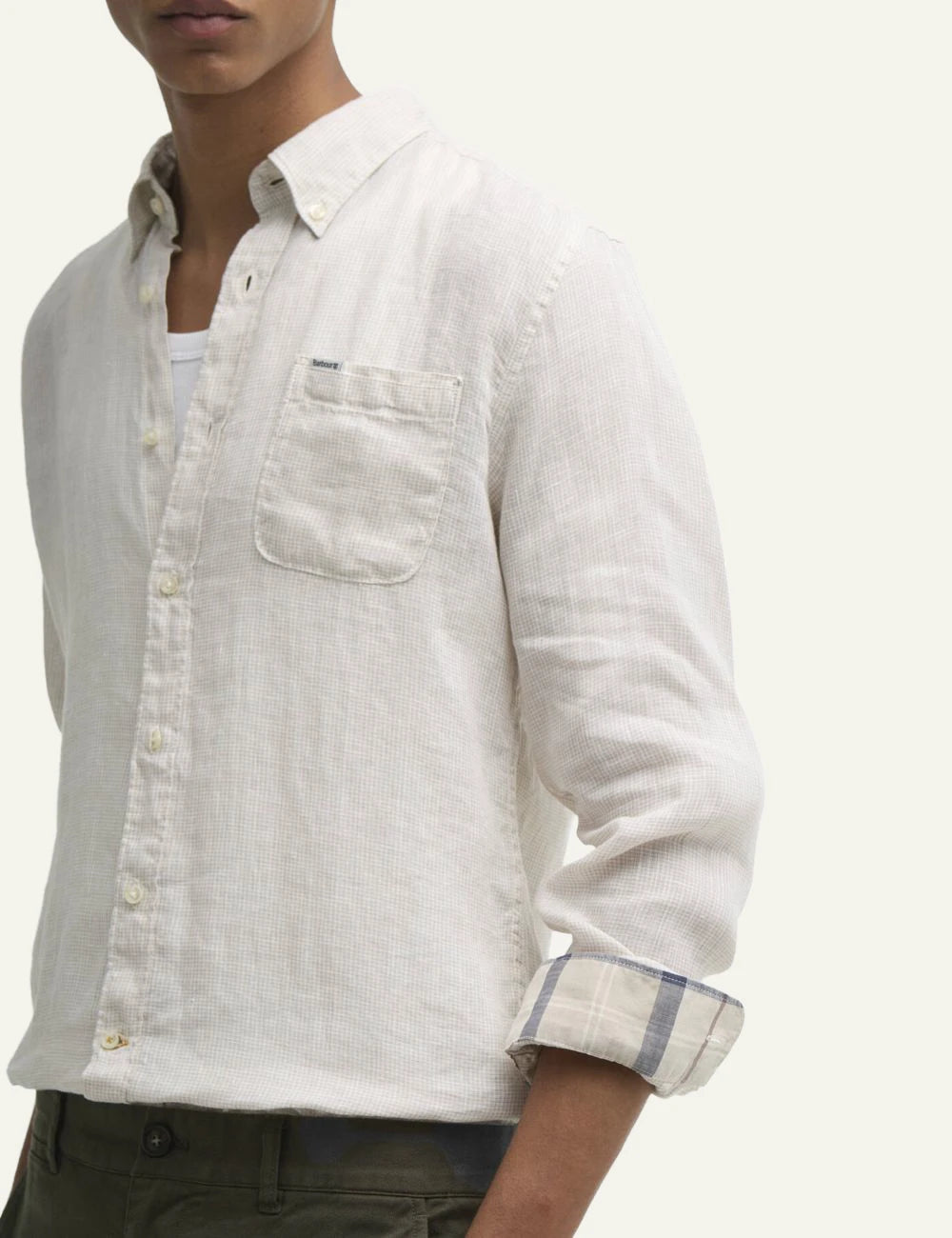 barbour linen shirt beige long sleeve model detail view