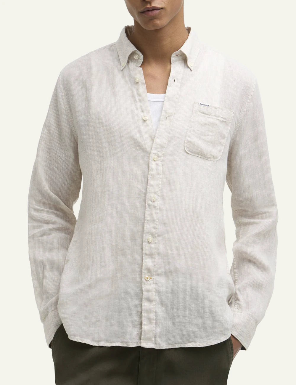barbour linen shirt beige long sleeve model front model view