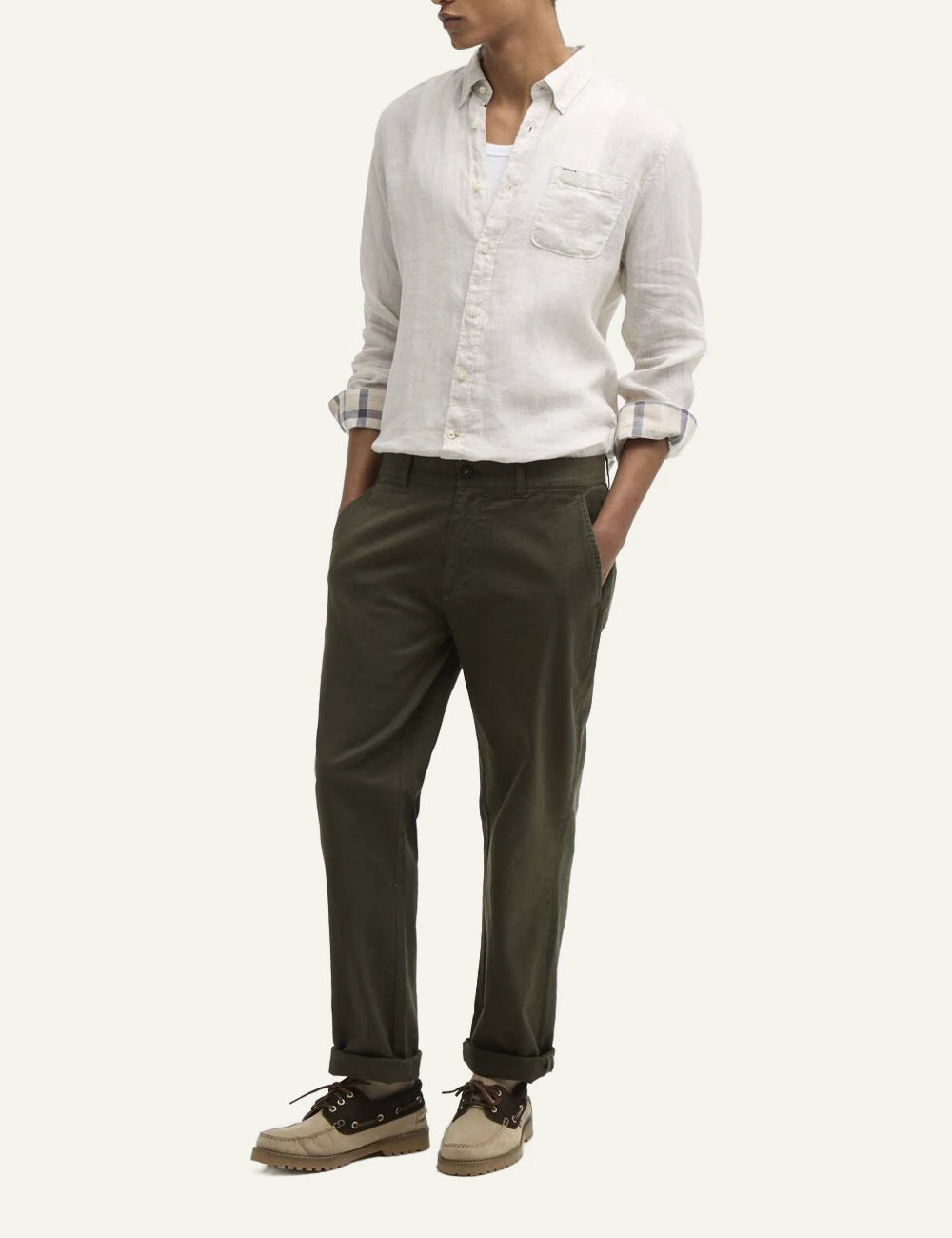 barbour linen shirt beige long sleeve model full body view