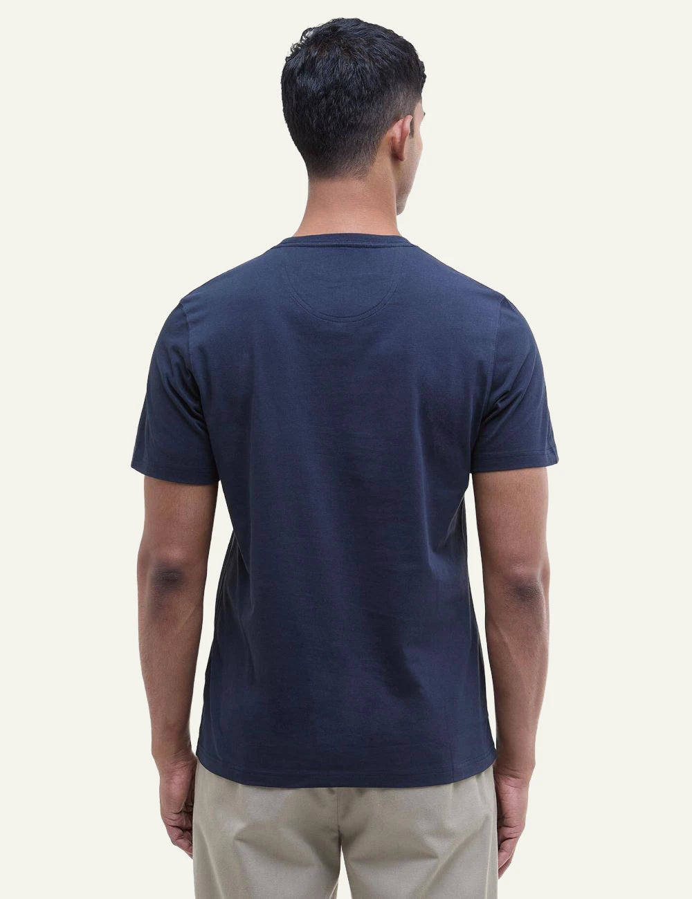 barbour navy t-shirt red logo back model view