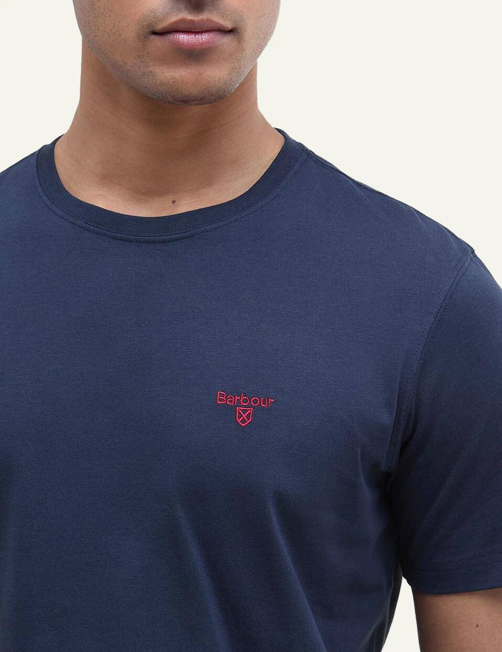 barbour navy t-shirt red logo close model view