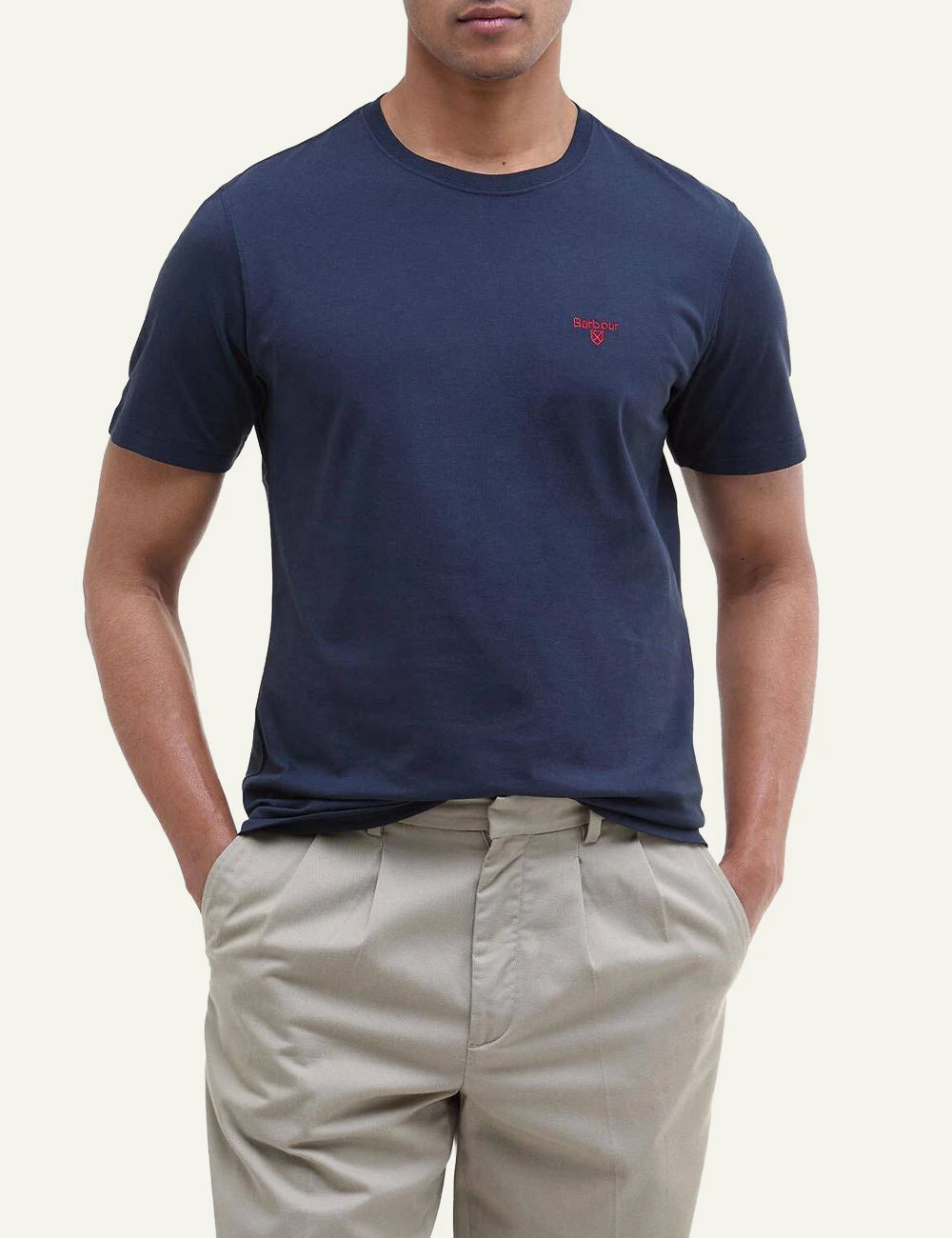 barbour navy t-shirt red logo front model view