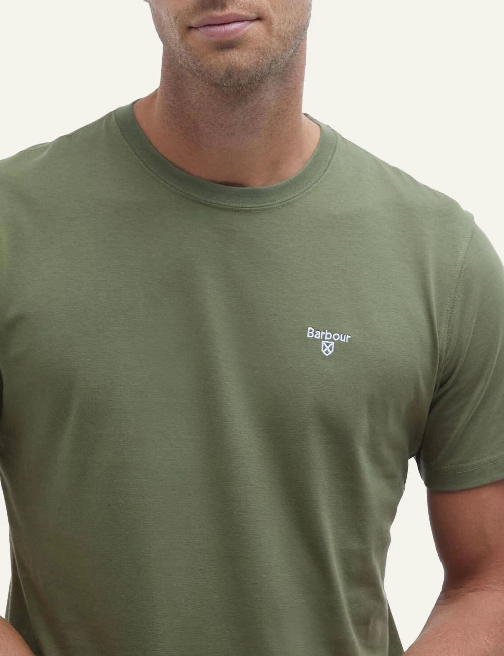 barbour olive green t-shirt logo chest close model view