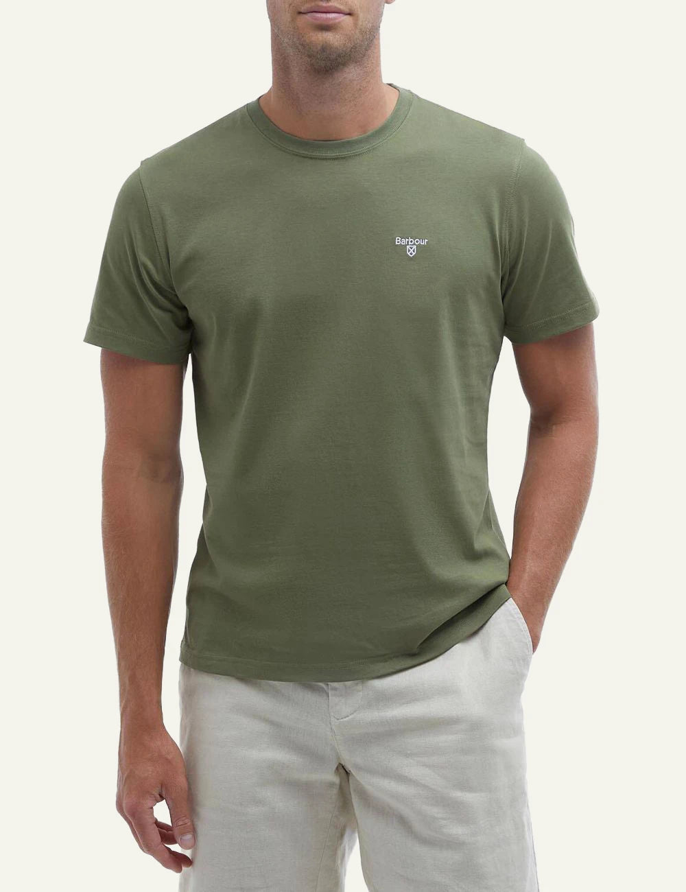 barbour olive green t-shirt logo chest front model view