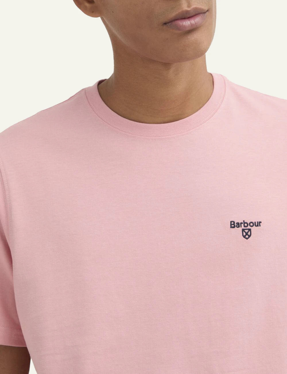 barbour pink t-shirt logo chest close model view