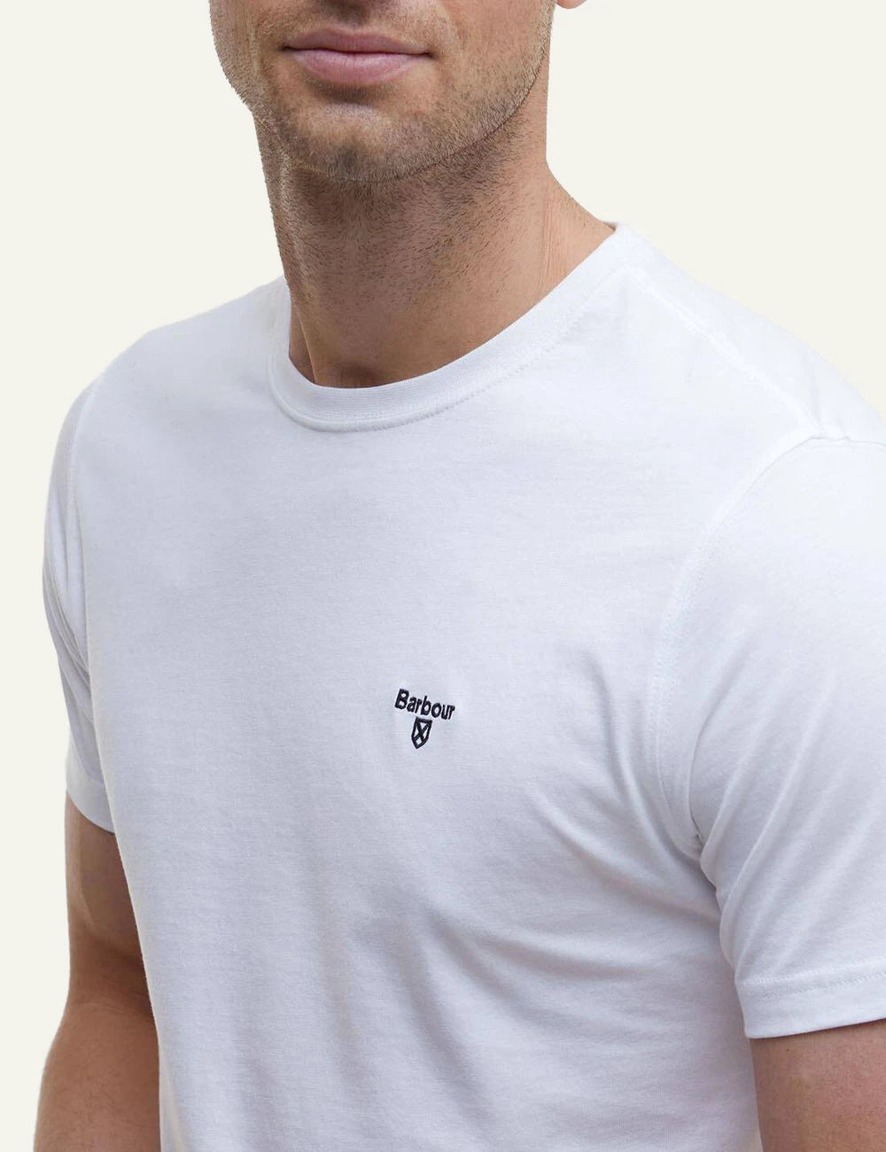 barbour white t-shirt logo chest close model view