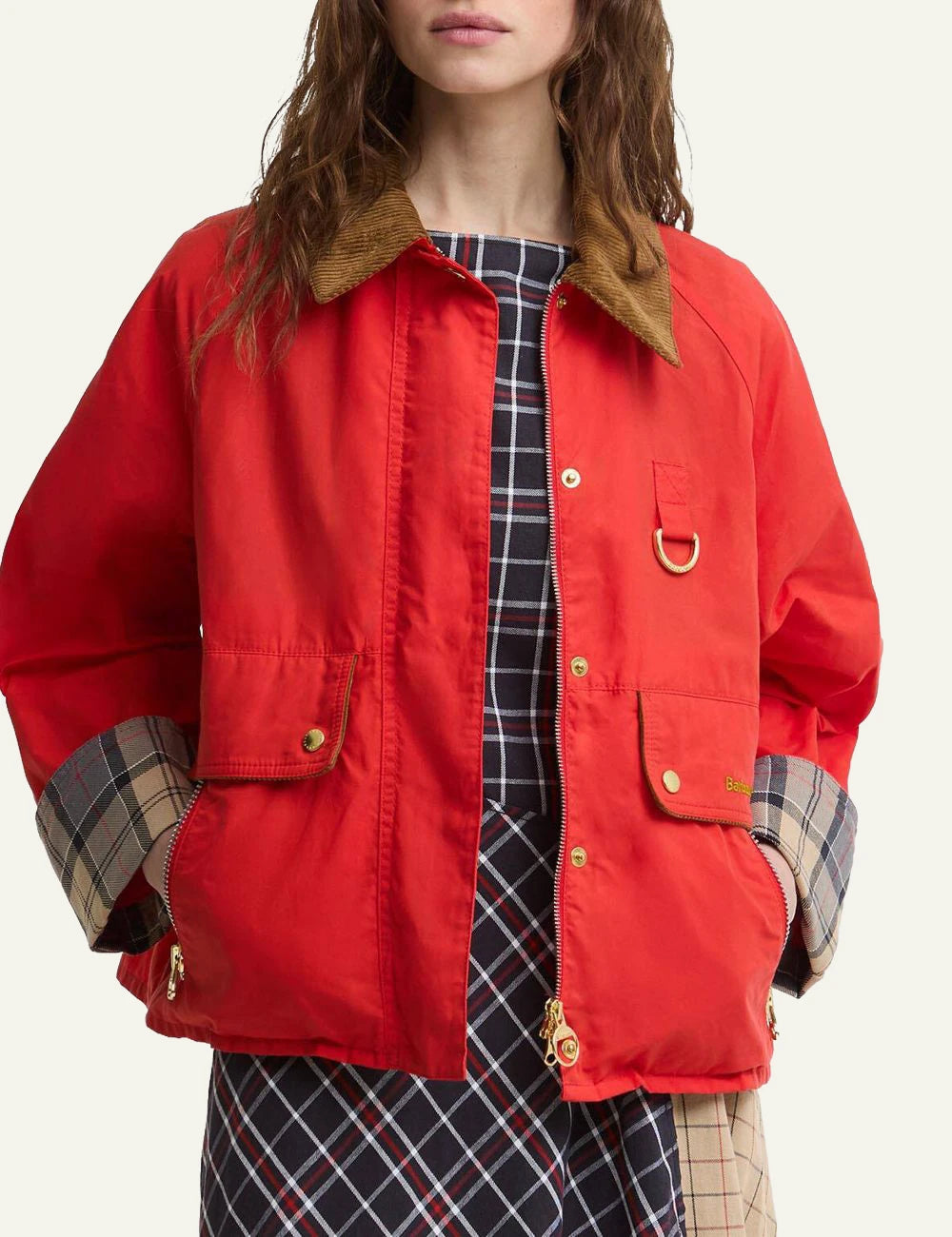 barbour mackworth casual jacket red cord collar cropped utility front model view