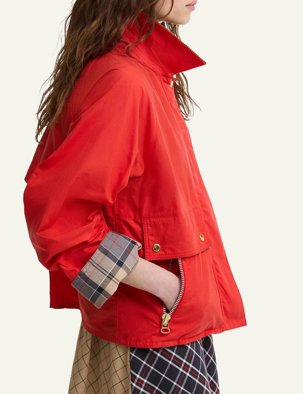 barbour mackworth casual jacket red cord collar cropped utility side view