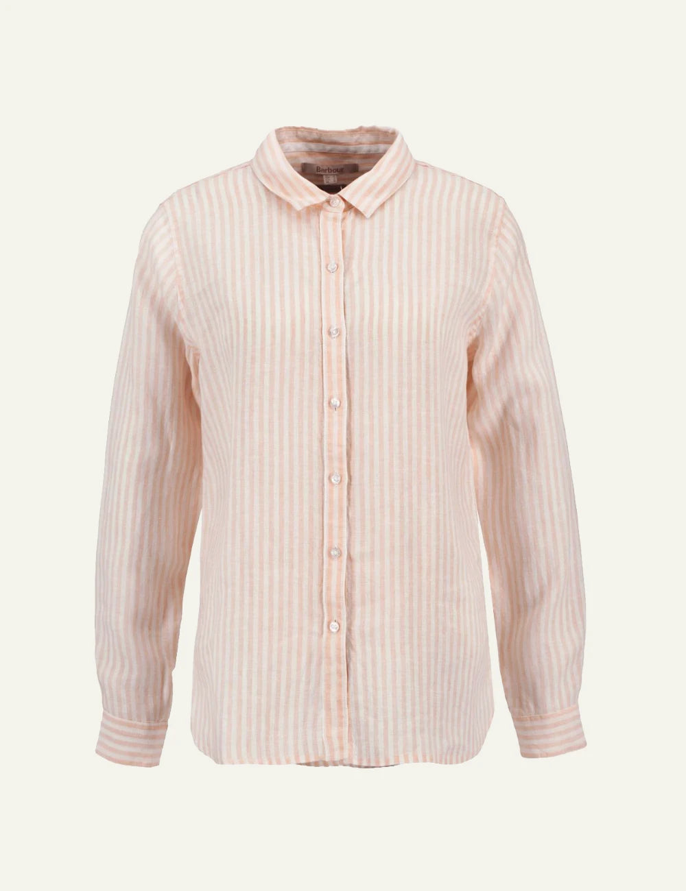 barbour marine linen shirt pink striped relaxed fit long sleeve front view