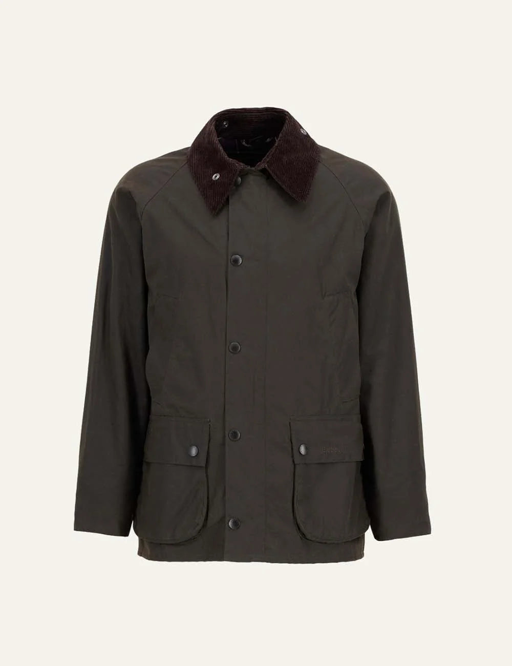 Barbour men Classic Bedale olive waxed cotton jacket with brown corduroy collar and utility pockets