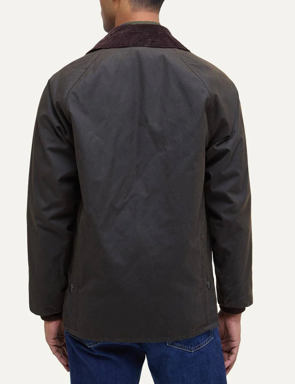 Barbour men Classic Bedale olive waxed cotton jacket with brown corduroy collar and utility pockets back