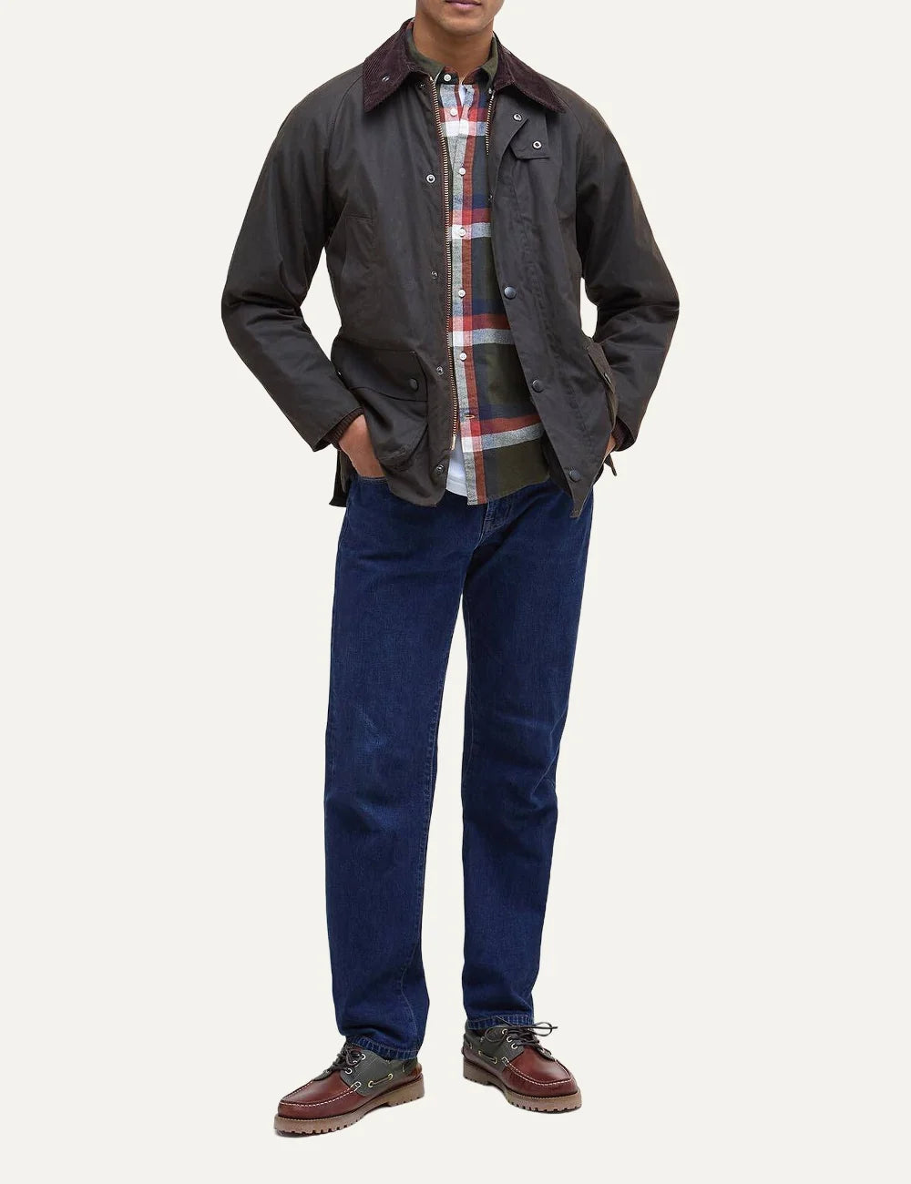 Barbour men Classic Bedale olive waxed cotton jacket with brown corduroy collar and utility pockets full body