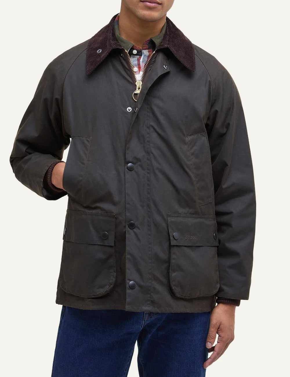 Barbour men Classic Bedale olive waxed cotton jacket with brown corduroy collar and utility pockets model
