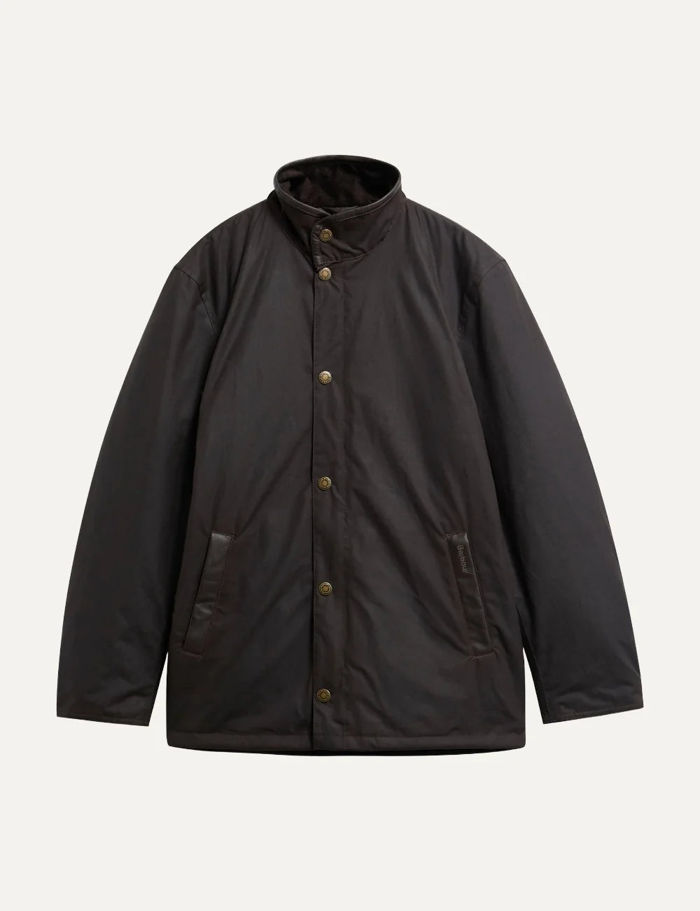 Barbour men Crayton dark brown waxed cotton jacket with leather trim stand collar and welt pockets