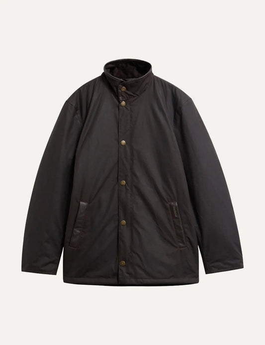 Barbour men Crayton dark brown waxed cotton jacket with leather trim stand collar and welt pockets