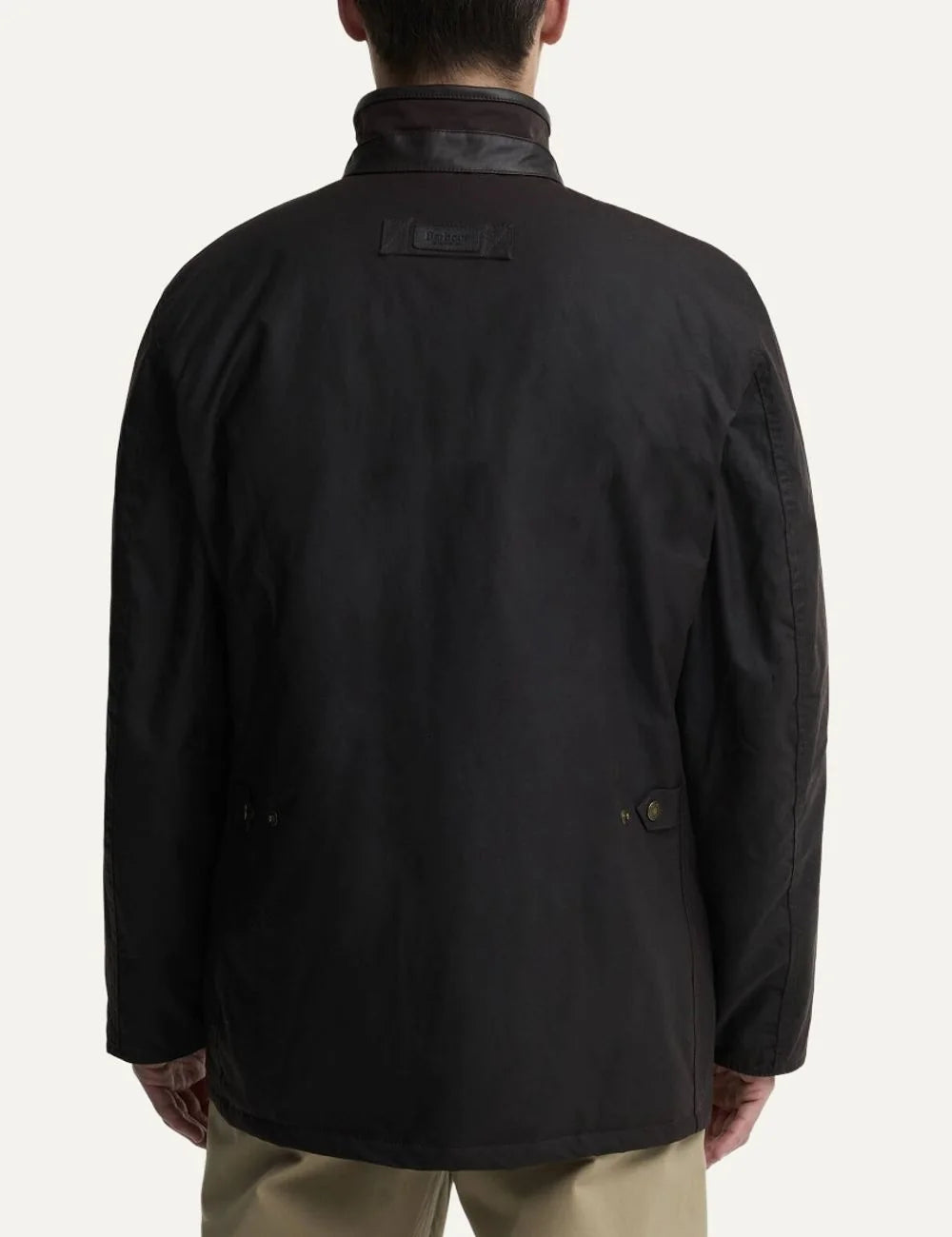 Barbour men Crayton dark brown waxed cotton jacket with leather trim stand collar and welt pockets back