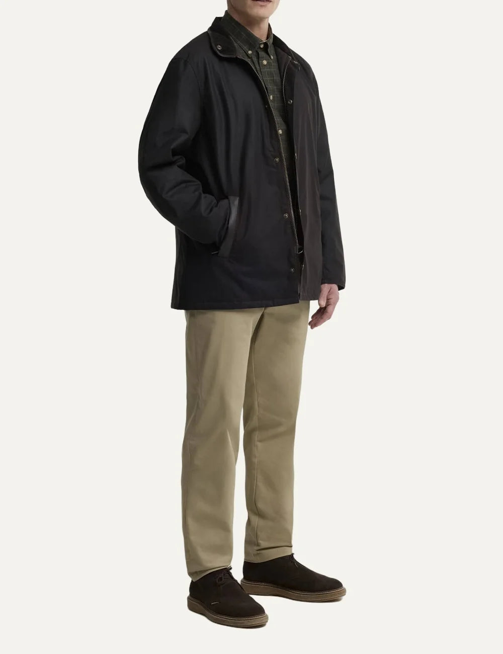 Barbour men Crayton dark brown waxed cotton jacket with leather trim stand collar and welt pockets side